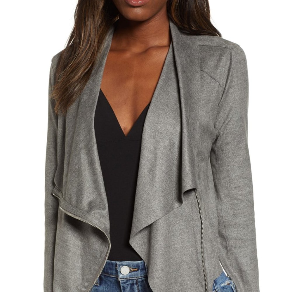 BLANK NYC FAUX SUEDE DRAPE JACKET GREY